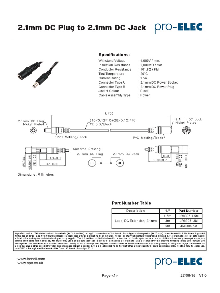 2.1mm DC Plug To 2.1mm DC Jack: Specifications | PDF | Electrical ...