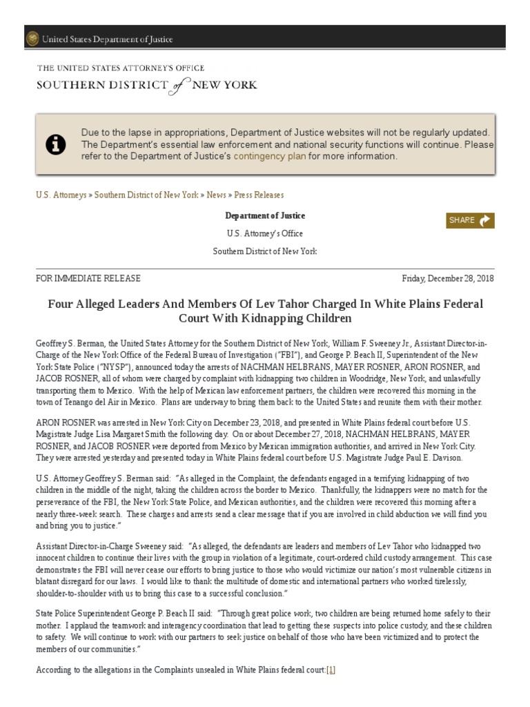WWW Justice Gov Usao Sdny PR Four Alleged Leaders and Members Lev Tahor