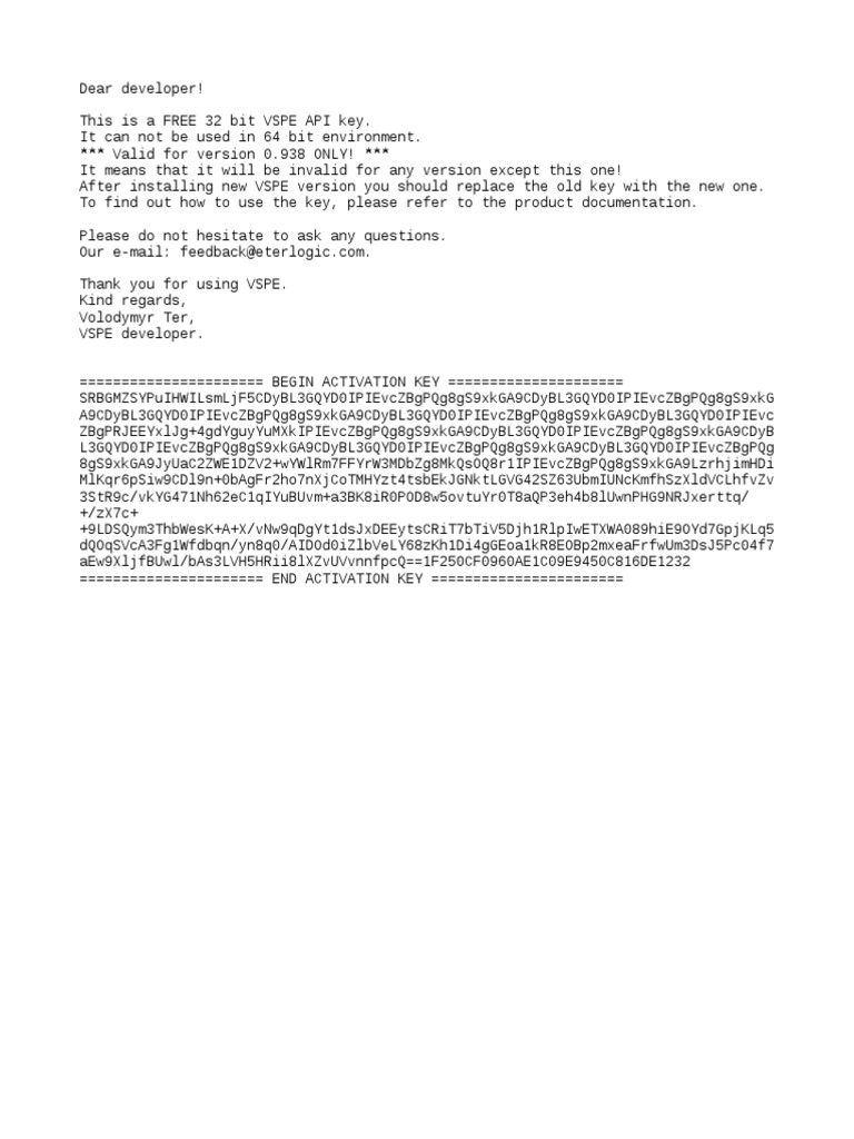 Free 32-bit VSPE API Key for v0.938 | PDF
