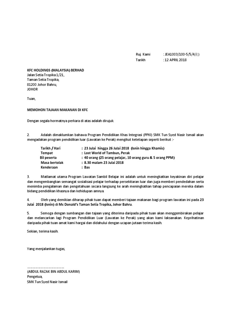 Contoh Surat Memohon Tajaan Makanan