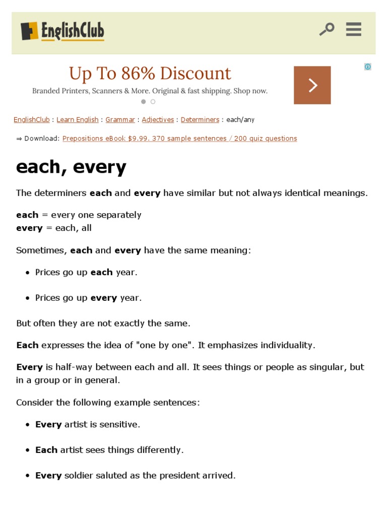 Adjectives Determiners Each Every English Language Syntactic Relationships