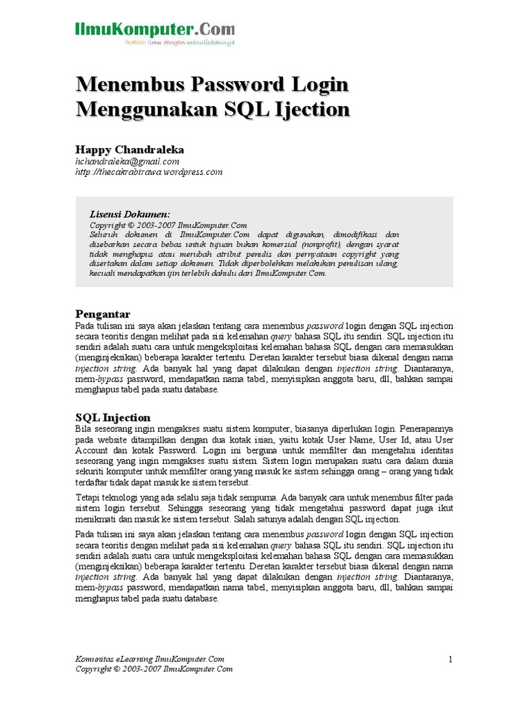 Konsep SQL Menembus Login Dengan SQL Injection | PDF | Komputer