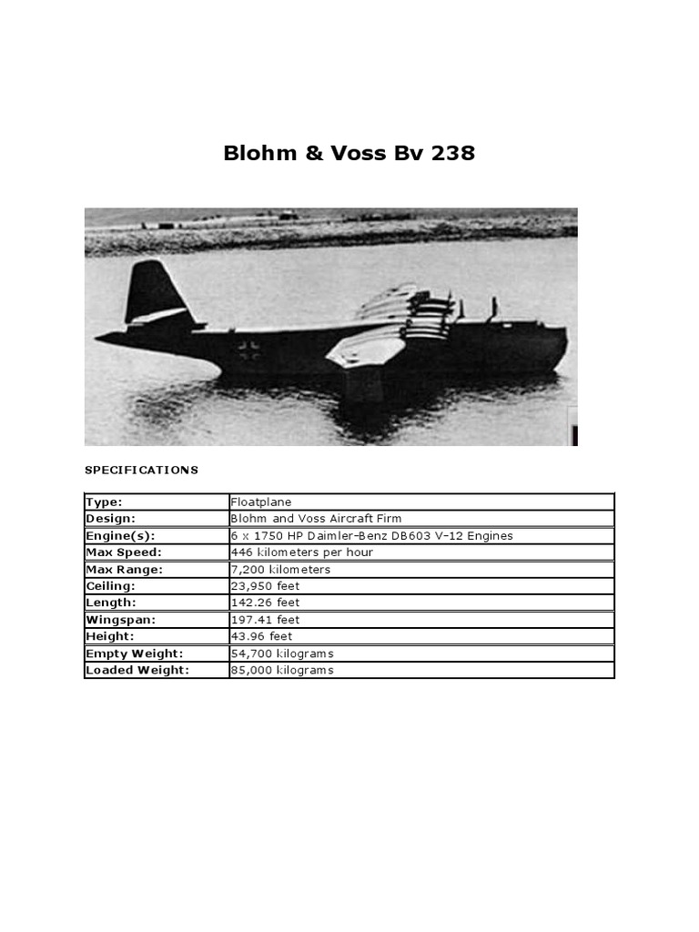 Blohm & Voss Bv 238 Specifications | PDF | Aviation | Aircraft