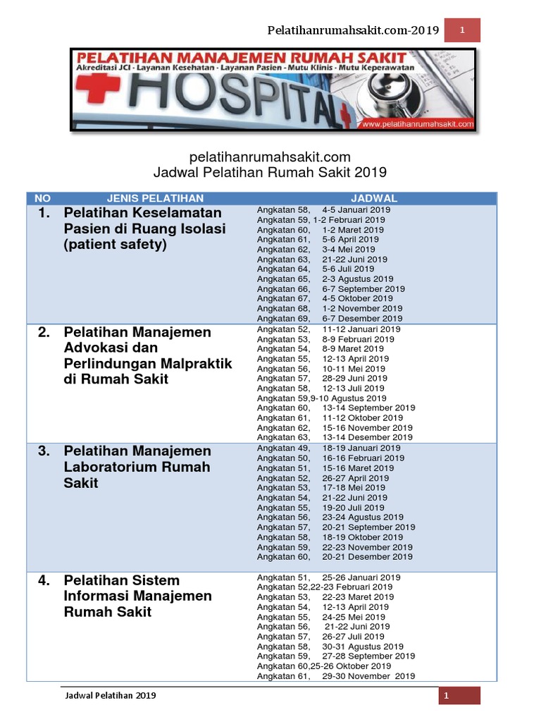 Jadwal Pelatihan Rumah Sakit 2019