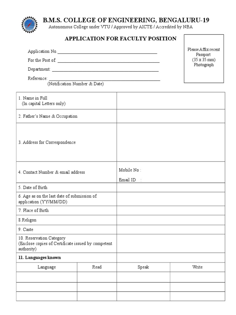 BMS College Faculty Application Form 2025 | PDF | Academic Degree ...