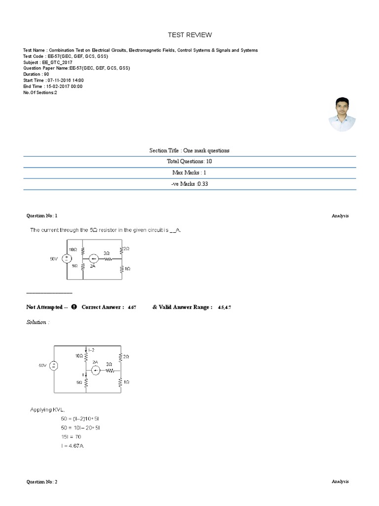 Electrical Circuits Test Analysis | PDF | Electrical Engineering ...