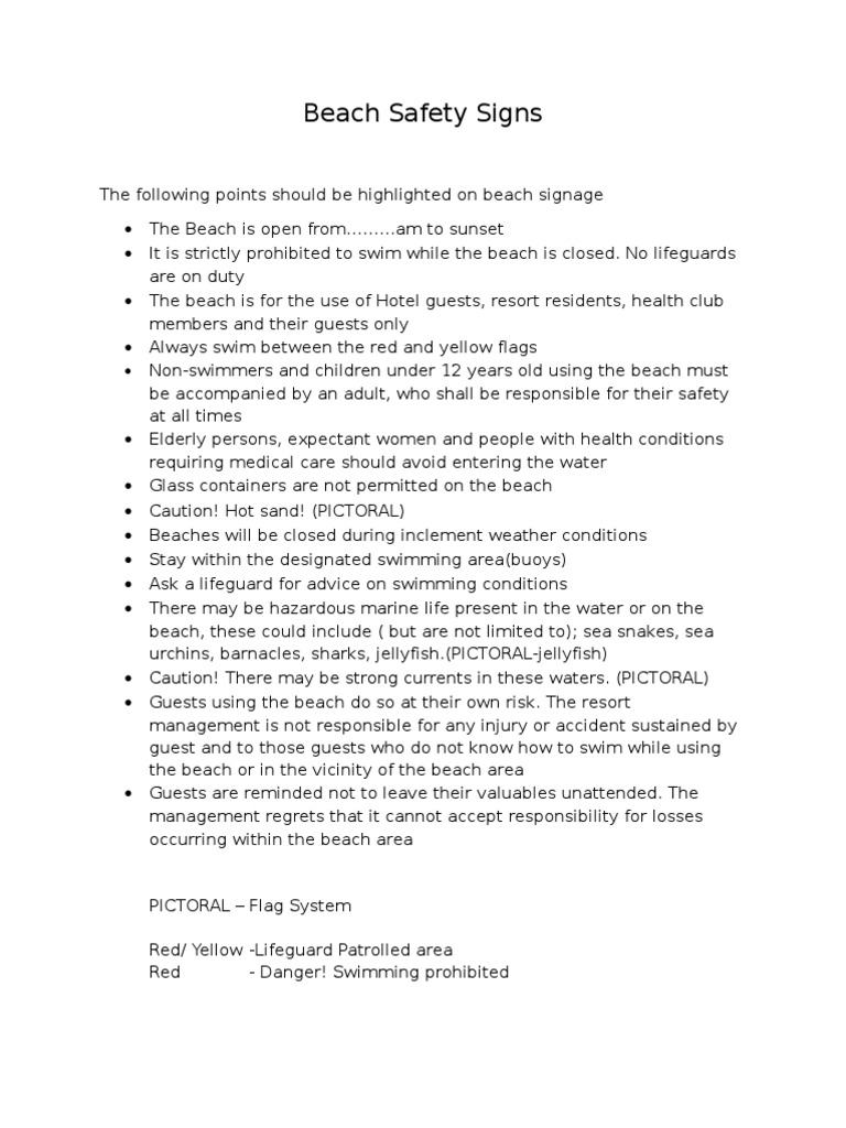 Beach Safety Guidelines and Signage | PDF | Travel | Wellness
