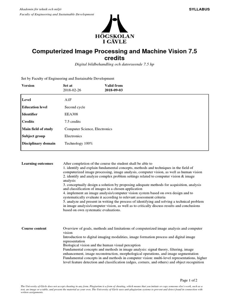 Computerized Image Processing and Machine Vision 7.5 Credits PDF