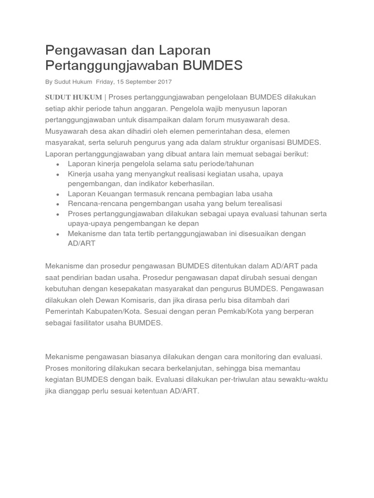 Pengawasan Dan Laporan Pertanggungjawaban Bumdes