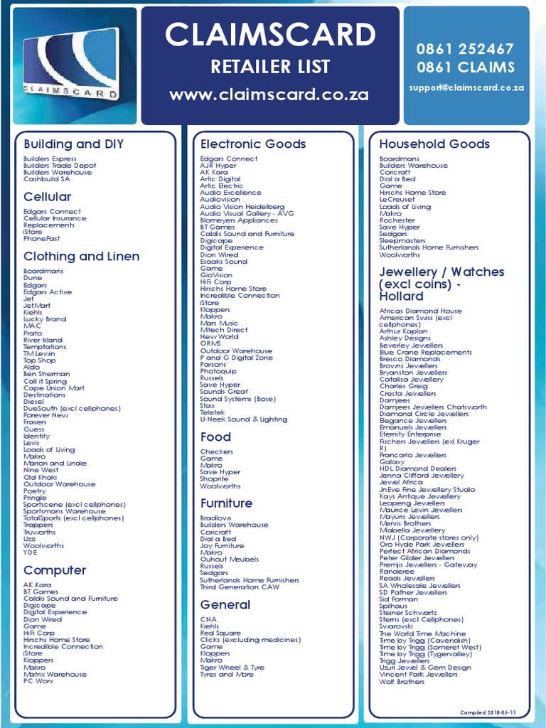 Claims Card List PDF Retailing Retailers