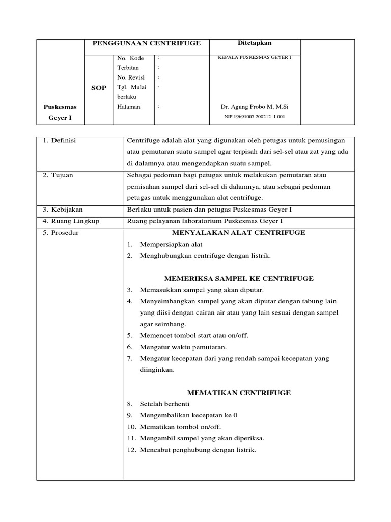 Sop Penggunaan Centrifuge S PDF