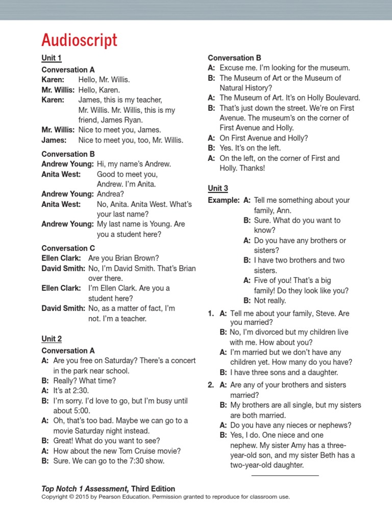 Top Notch 1 Assessment Audioscript PDF PDF Leisure