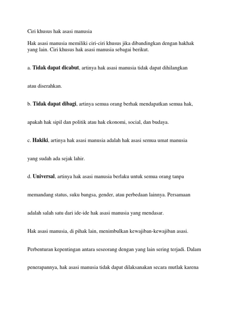 Ciri Khusus Hak Asasi Manusia