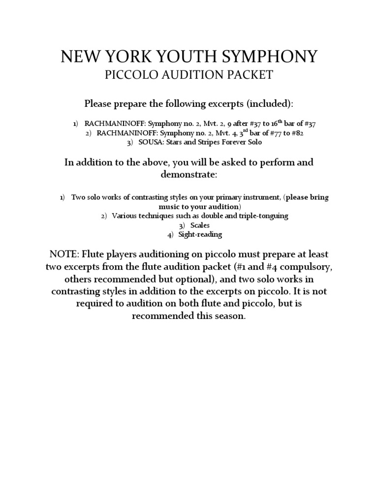 TSO Third Flute Piccolo Audition Excerpts 20152016 PDF