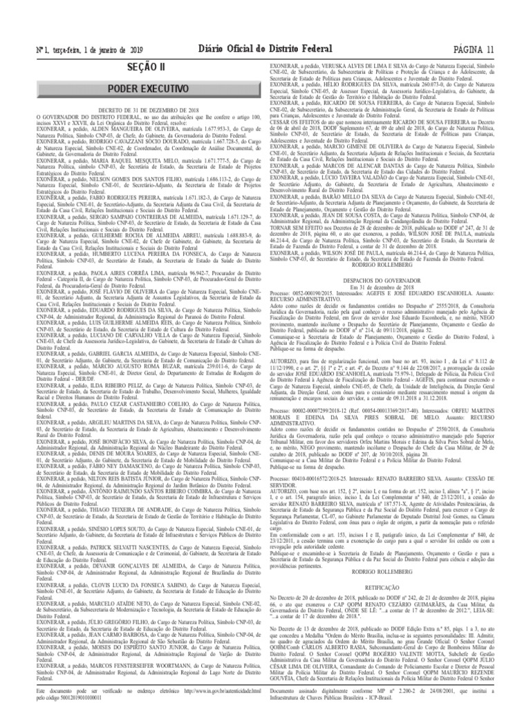 Dodf 001 01-01-2019 Integra | PDF | Secretário de Estado | Estado