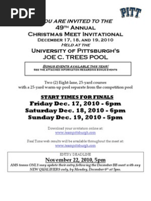 Pitt 57th Annual Christmas Meet 2022 Timeline Pittsburgh Christmas Meet Info | Pdf | Swimming (Sport) | Racing