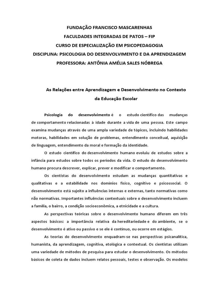 Desenvolvimento e Aprendizagem Escolar | PDF | Psicologia do ...