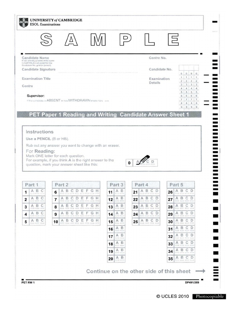 PET Answer Sheets PDF PDF