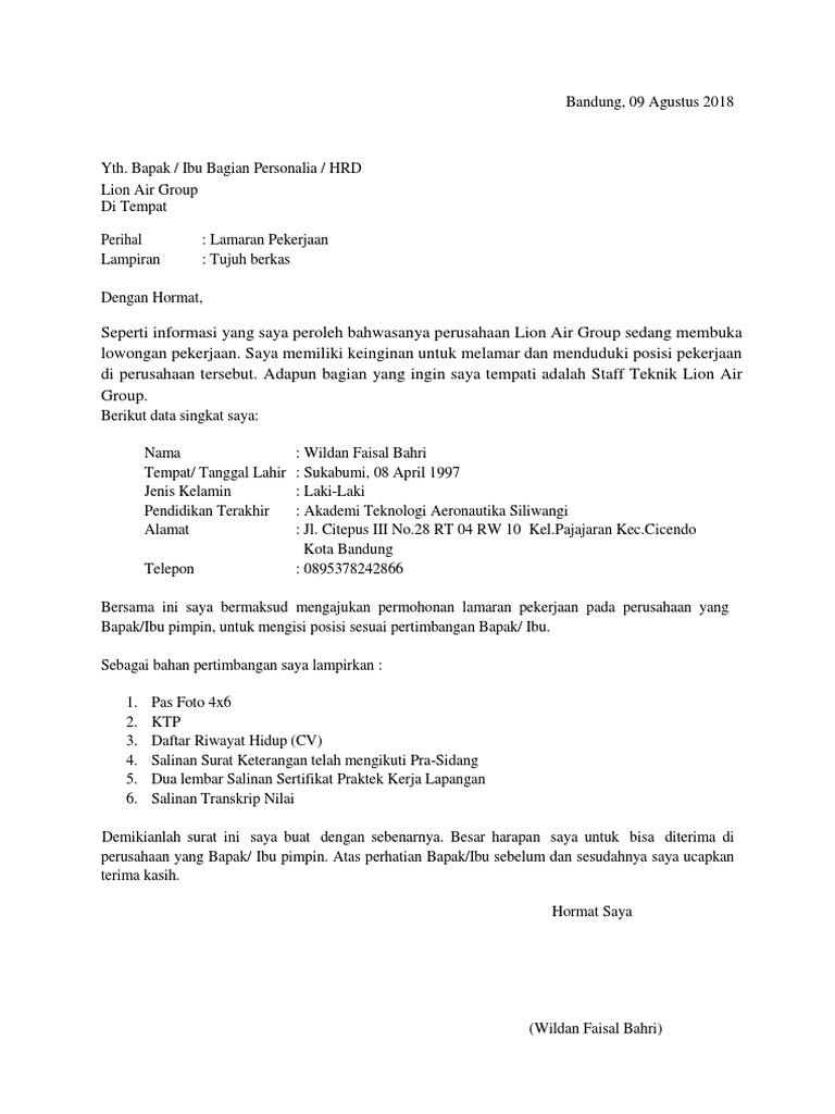 Contoh Surat Lamaran Kerja Lion Air Group contoh surat