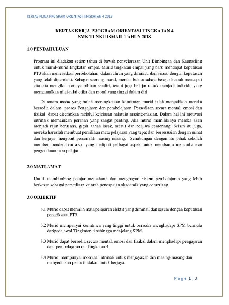 Kertas Kerja Orientasi Form 4 2019 Pdf