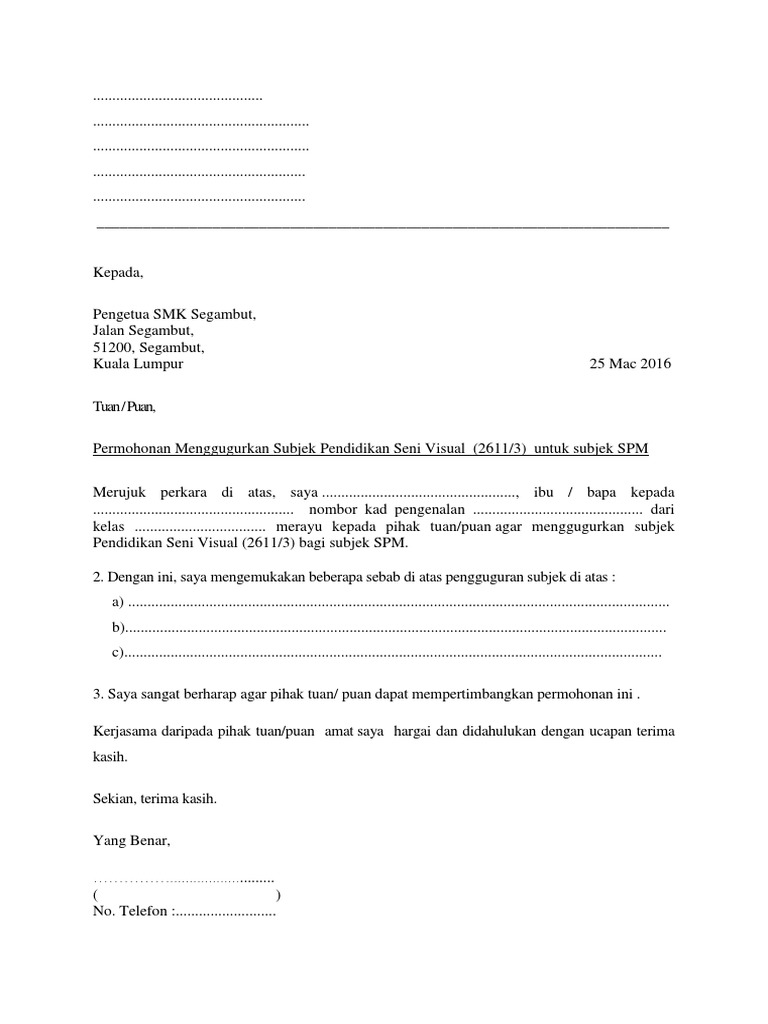 Contoh Surat Drop Subjek Spm Hape Hape