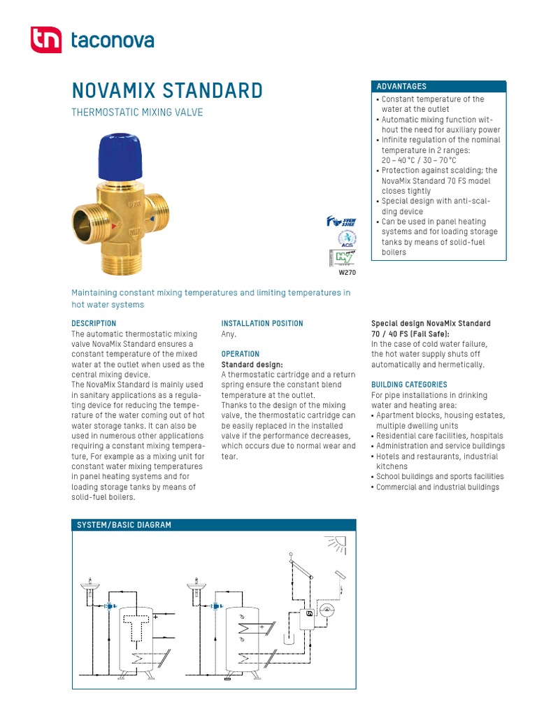 Novamix Standard Thermostatic Mixing Valve PDF Water Heating Valve