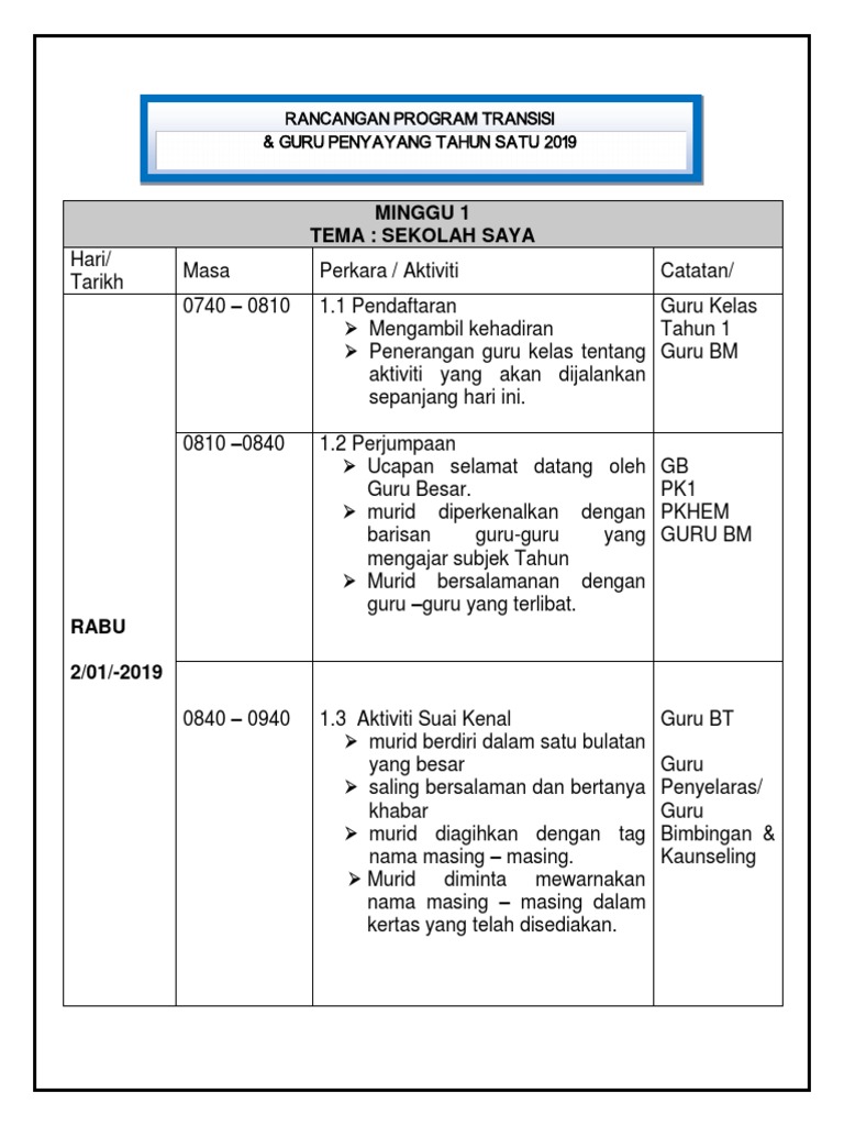 Jadual Transisi Minggu 1 Pdf