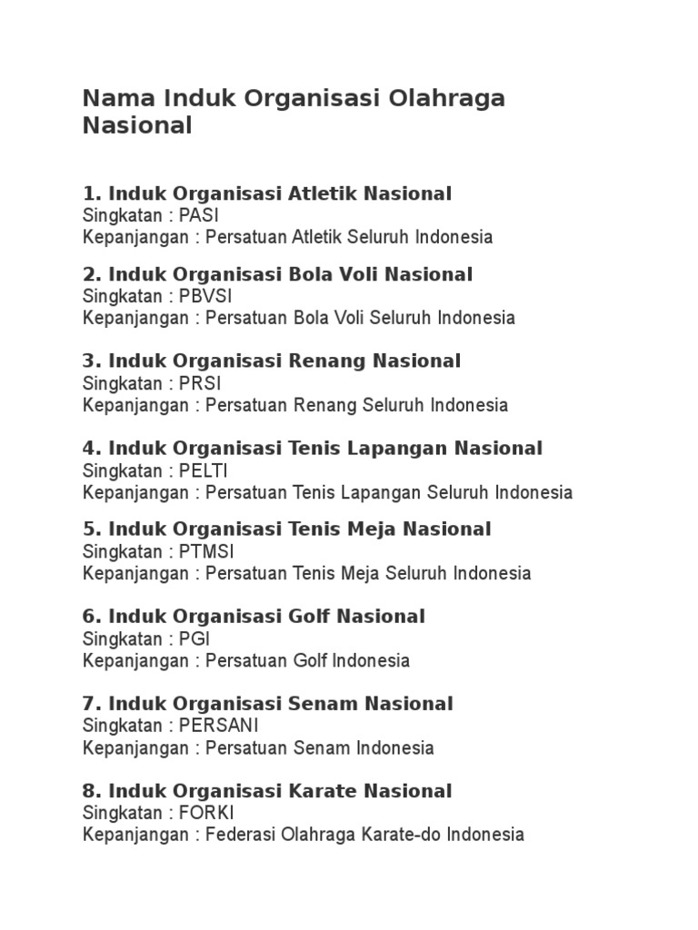 Nama Induk Organisasi Cabang Olahraga Pdf