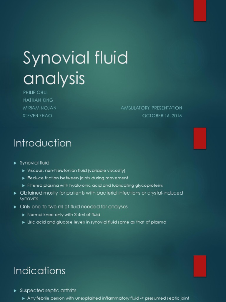 Synovial Fluid Analysis | PDF | Gout | Arthritis