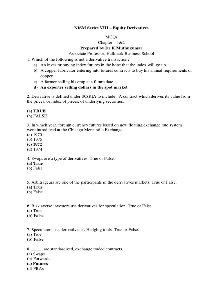 NISM Equity Derivatives MCQs | PDF | Derivative (Finance) | Futures