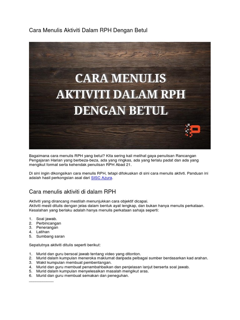 Cara Menulis Aktiviti Dalam Rph Dengan Betul Pdf