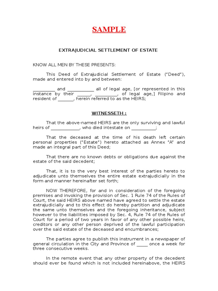Extrajudicial Settlement of Estate Template Inheritance Deed Free