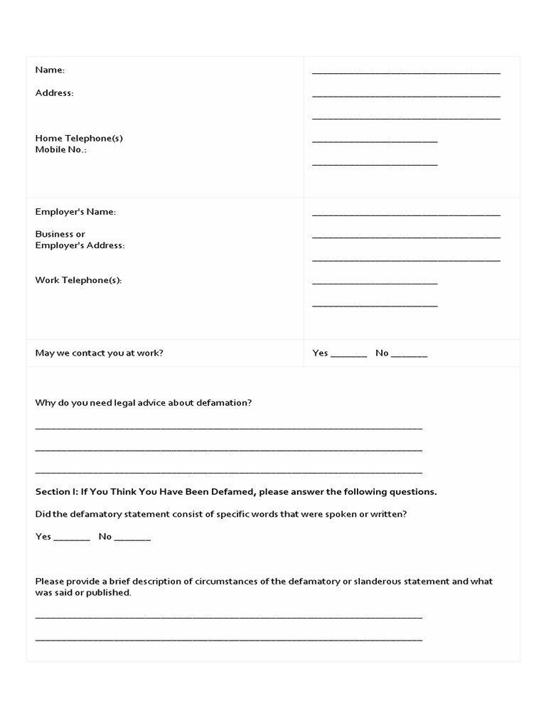 Section I: If You Think You Have Been Defamed, Please Answer The ...