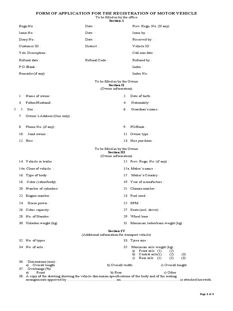 Form of Application For The Registration of Motor Vehicle | PDF ...