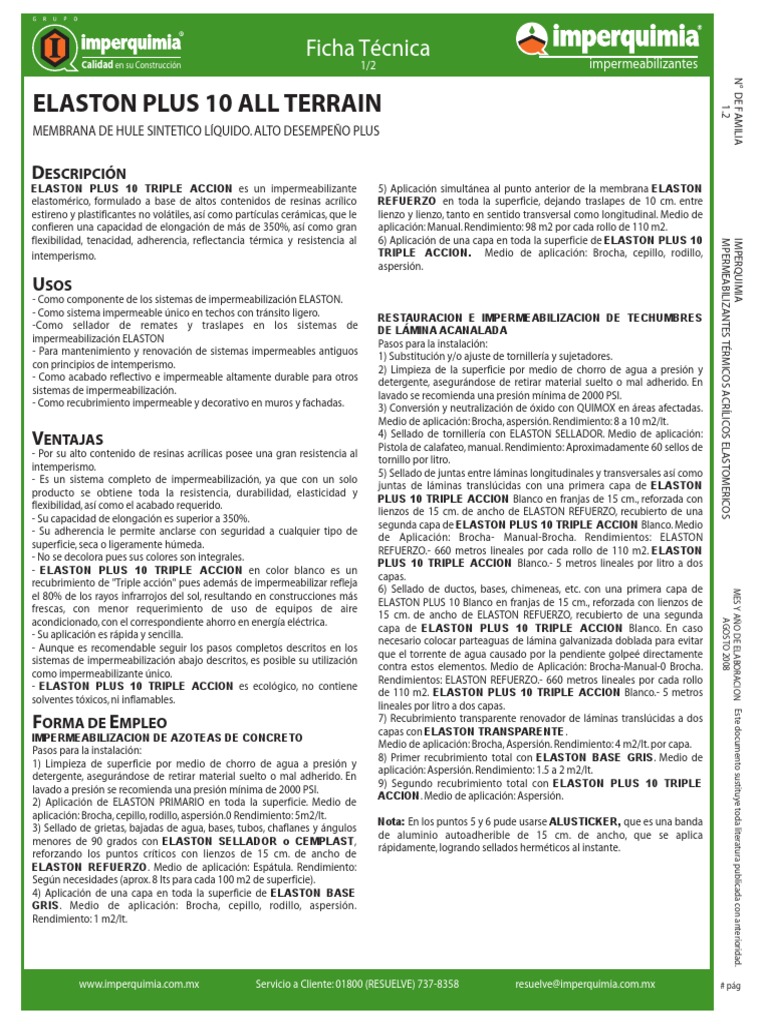Ficha Técnica de Impermeabilizantes Elaston | PDF | Agua | Aluminio