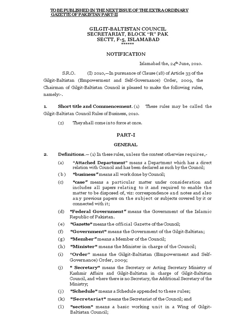 GB Council Rules of Business 2010 PDF Secretary Pakistan