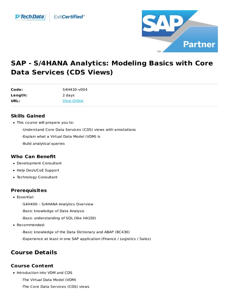 S4hana Analytics Modeling Basics With Core Data Services Cds Views | PDF