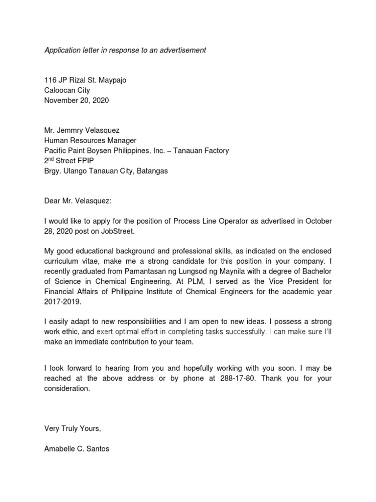 Application Letter in Response To An Advertisement | PDF | Manila ...