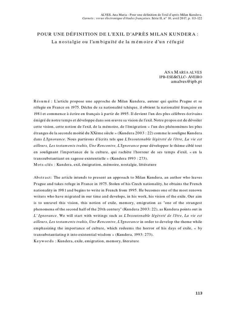 POUR UNE DÉFINITION DE L'EXIL D'APRÈS MILAN KUNDERA: La Nostalgie Ou L ...