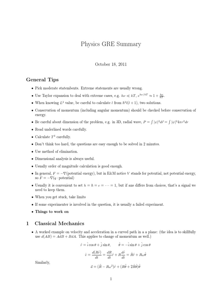 Physics GRE Summary: General Tips | PDF | Diffraction | Orbit