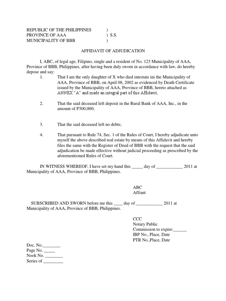 Affidavit of Adjudication for Estate | PDF | Social Science | Law