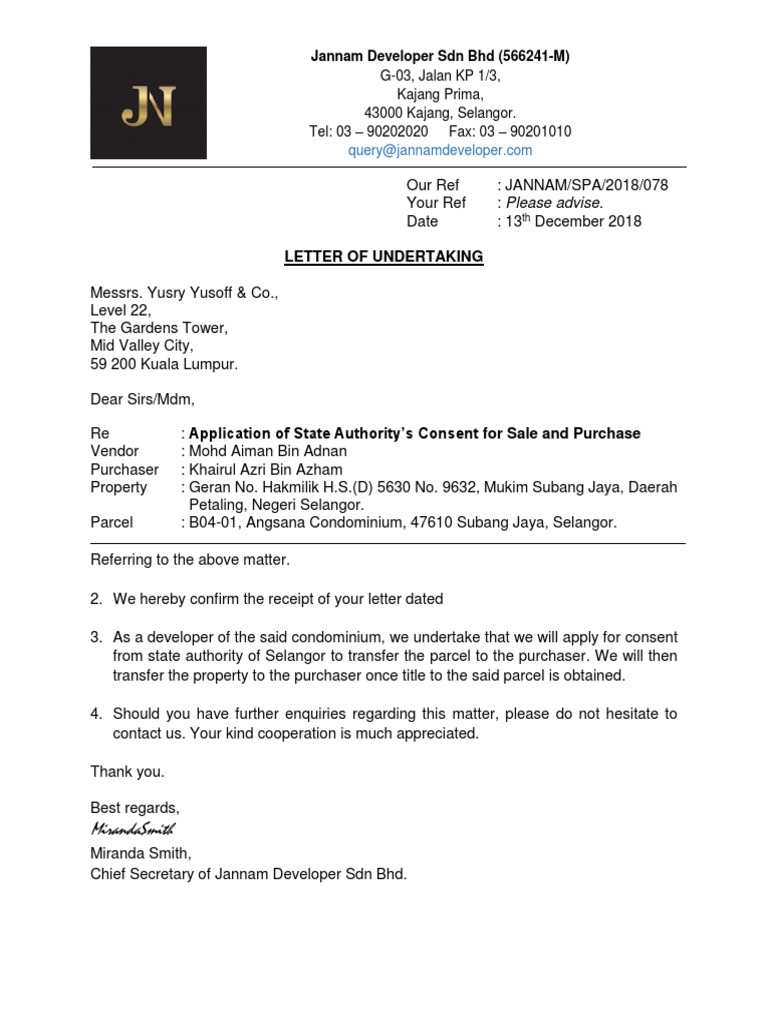 Letter of Undertaking From Developer to Apply State Authority Consent