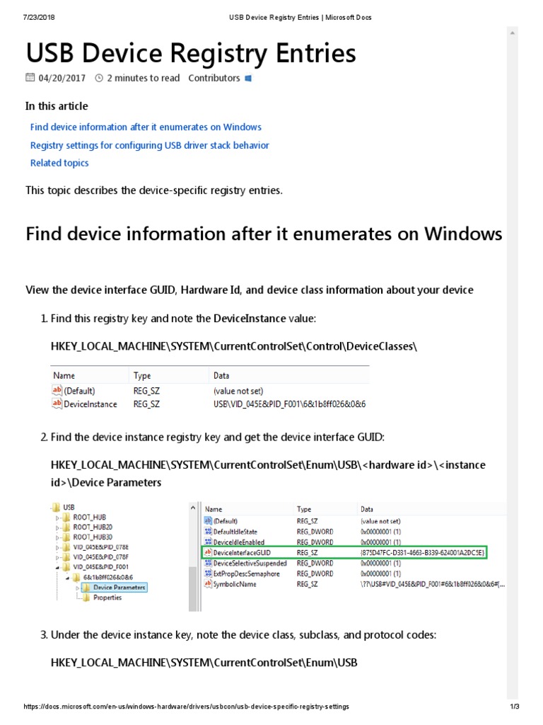 USB Device Registry Entries Microsoft Docs PDF Windows Registry