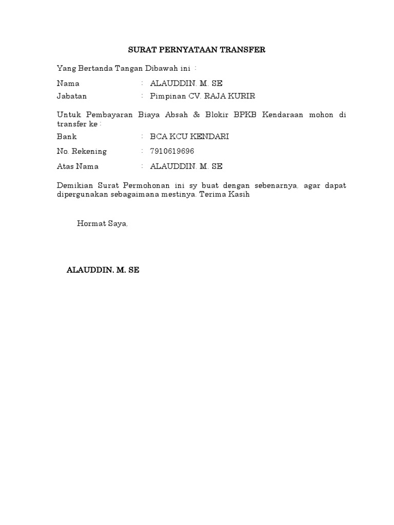 Surat Pernyataan Transfer