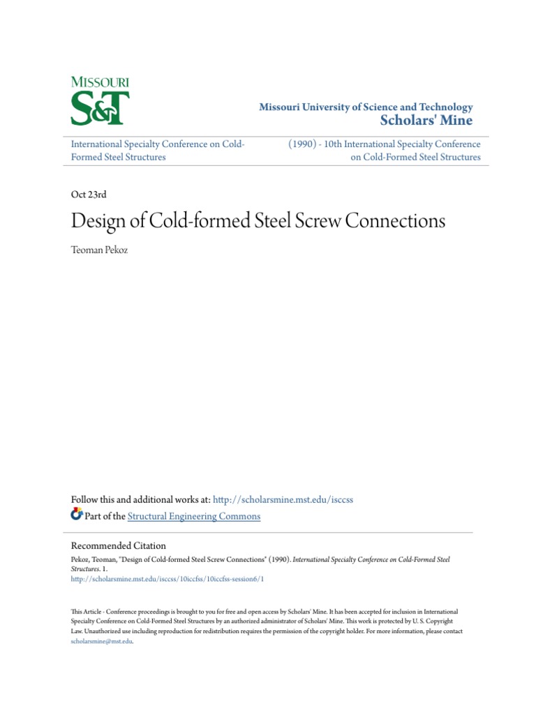 Design of Cold-Formed Steel Screw Connections PDF | PDF | Strength Of ...