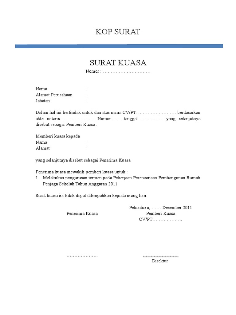 Contoh Surat Kuasa Proyek 
