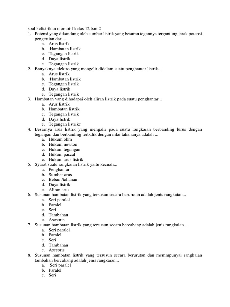Soal Kelistrikan Sepeda Motor Kelas 12