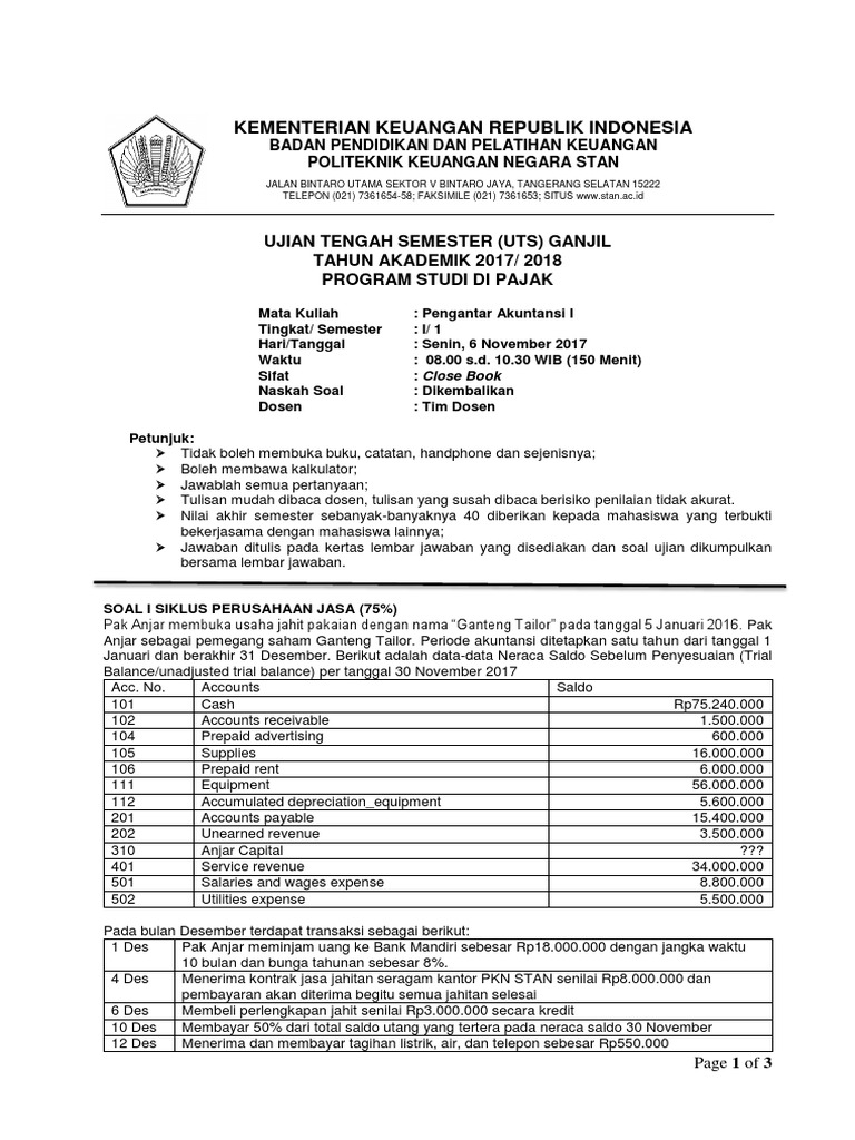 Soal Uts Pengantar Akuntansi I 201718 Revisi Pdf