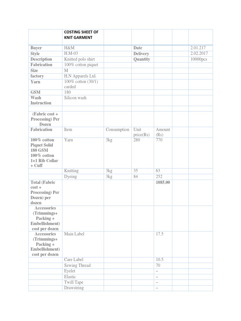 Costing Sheet of Knit Garment PDF Knitting Textiles