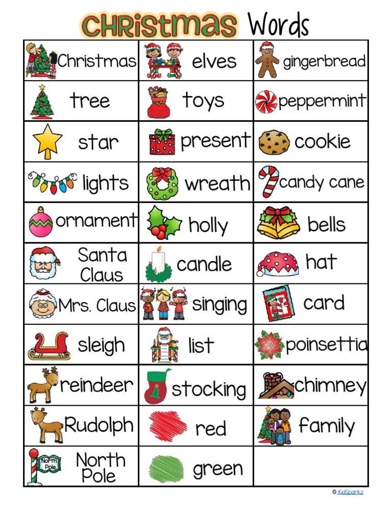 christmas vocabulary list 32 words and pictures free | pdf